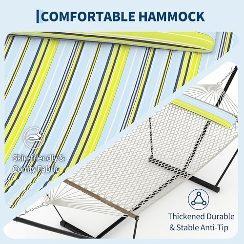Double Hammock with Stand, Outdoor Quilted Padded Hammock with Heavy Duty Iron Frame, Portable Patio Swing Bed for Backyard Garden, 450 Lbs Capacity,Light Blue-Green Striped - color: Blue Green Stripes