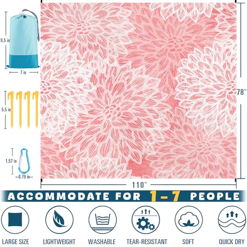 Beach Blanket Waterproof Sandproof Oversized 78''×110'' Suits 1-7 Adults Lightweight Large Picnic Mat Sand-Free Beach Blanket for Travel Camping Hiking Picnic - color: Pink Flower, size: 78''x110''