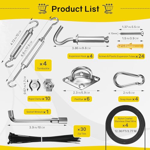NEREUS Sun Shade Sail Hardware Kit with 12FT Vinyl Coated 304 Stainless Steel Wire Rope for Triangle Rectangle Sun Shade Sail Installation, Shade Sail Installation Kit for Outdoor Patio Garden