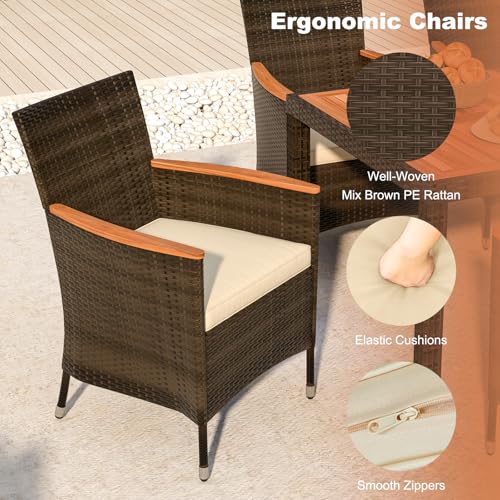 HAPPYGRILL 7 Pieces Rattan Wicker Patio Dining Set, Outdoor Dining Set with Cushions, Large Dining Table with Acacia Wood Top, Outside Dining Furniture Set with Umbrella Hole - color: Mix Brown & Beige