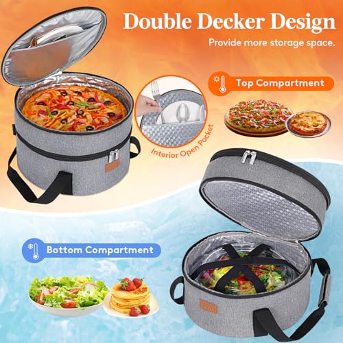Lifewit Insulated Double Decker Round Casserole Carrier, Portable Pie Carrier Bag for Hot or Cold Food, Fits 12.5" Baking Dish, Thermal Lunch Tote for Potluck Parties, Picnic and Cookouts, Grey - color: Gray, size: 12.2 x 12.2 x 7.7inch