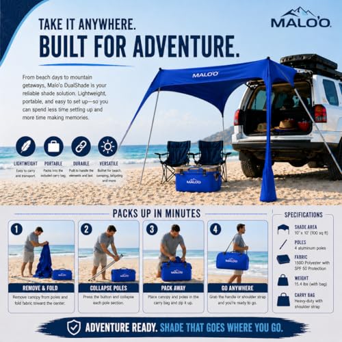 Malo'o DualShade 10x10 Beach Canopy & Vehicle Awning – Exclusive 2-in-1 Sun Shelter, SPF 50 Shade Tent, Car Camping Awning, Carry Bag Included - color: Blue