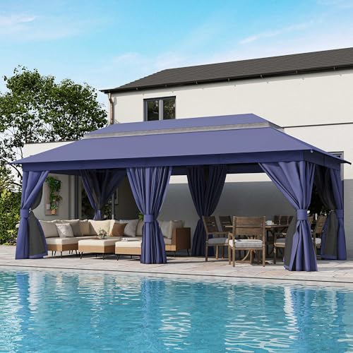 LAUSAINT HOME 10'x20' Outdoor Gazebo, Metal Frame Heavy Duty Patio Canopy Tent Shelter with Double Roofs, Mosquito Nettings and Privacy Screens for Backyard, Garden, Lawn, Navy Blue - color: Navy Blue, size: 10'x20'