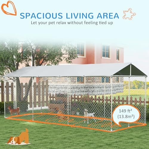PawHut Outdoor Dog Kennel, Heavy Duty Dog Run Outdoor Fence with Waterproof Cover, Galvanized Chain Link, Secure Lock, for Large Breeds, Chickens, Ducks, 20' x 7.5' x 6.5' - size: 236.2"L x 90.6"W x 78.7"H