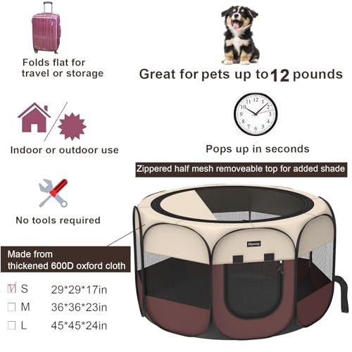 Portable Pet Puppy Dog Cat Playpen, 8-Panel Indoor/Outdoor Puppy Pen with Shade Cover & Travel Bag - Waterproof Dog Cat Tent - color: Brown, style: Small (29"x29"x17" with free bonus)