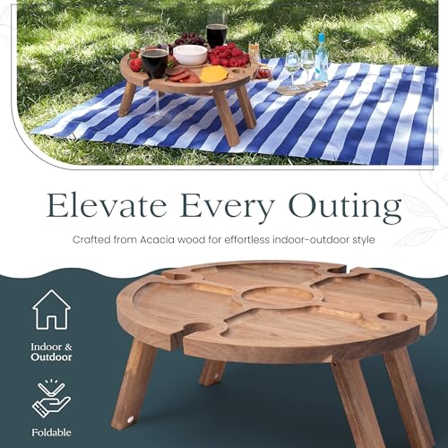Portable Wine Picnic Table with 4 Wine Glasses Holder, Acacia Natural Wood Foldable Champagne Picnic Snack Table Tray, Perfect for Beach, Camping, Park, Concerts - Ideal Wine Gift for Men & Women