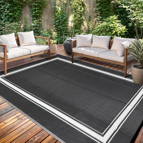 GarveeHome Outdoor Rug for Patio Clearance 9x12 Reversible Outdoor Plastic Straw Rugs Bordered Patio Rug Indoor Outdoor Carpet RV Mat for Deck Backyard Patio RV Camping Beach, Black - color: Border|black, size: 9' x 12' (Rectangular)