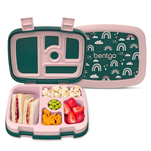 Bentgo Kids Prints Leak-Proof, 5-Compartment Bento-Style Kids Lunch Box - Ideal Portion Sizes for Ages 3-7, Durable, Drop-Proof, Dishwasher Safe, & PFAS & BPA-Free Materials (Green Rainbow) - color: Green Rainbow