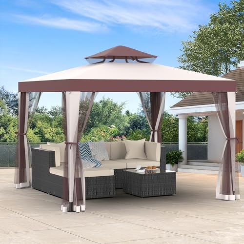 Gazebo, 10'x10' Patio Gazebo Outdoor Waterproof Canopy Tent UV-Resistant 2-Tier Top Sturdy Canopy Shelter Tent for Camping with Removable Netting for Garden Patio Backyard (Red & Brown, 10' x 10') - color: Red & Brown