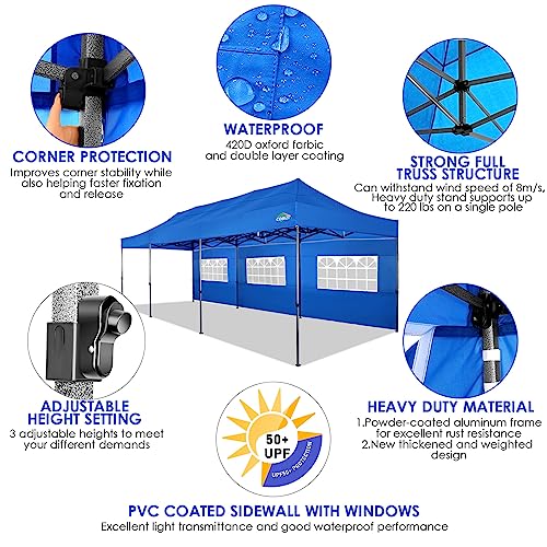 COBIZI 10x30 Heavy Duty Pop up Canopy with 8 sidewalls Party Tent for Parties Weddings Events UPF 50+ Waterproof Commercial Gazebo with Roller Bag, Blue(Frame Thickened) - color: Blue, size: 10x30 With 8 Sidewalls