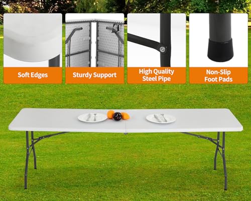 BestOffice 8 FT Picnic Table Plastic Camping Table Portable Square Height Folding Table Perfect for Picnics, Parties, Party and Camping, White - color: White, size: 8 FT