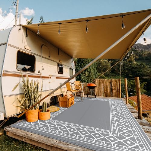 GENIMO Outdoor Rug Waterproof Area 10'x14' for Patio, Foldable Reversible Plastic Straw Carpet for Travel Trailers, Outside Mat for Rv, Deck, Picnic, Porch, Camper, Balcony, Beach, Grey & White - color: Grey & White | Natural, size: 10' x 14' (Rectangular