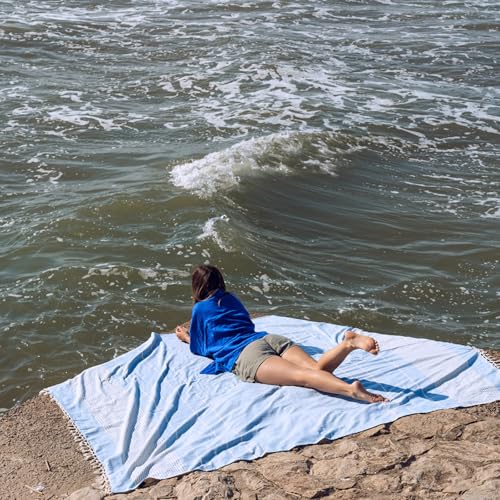 Extra Large Turkish Beach Towel Style – 100% Cotton, Sand-Free Comfort | Oversized Beach Towel – Sandproof Beach Blanket – Big Beach Mat - Outdoor Picnic Blanket (Light Blue, 83x94 in) - color: Light Blue