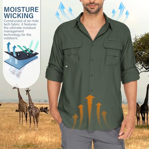 Mens Safari Shirts Long Sleeve UV Protection Hiking Fishing UPF 50+ Quick Dry Camping Travel Shirts - color: Army Green, size: Small