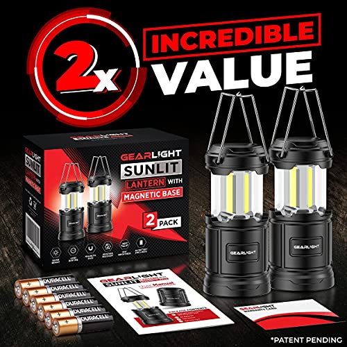 GearLight Camping Lantern - 2 Portable LED Battery Powered Lantern with Magnetic Base and Foldable Hook for Emergency Use or Campsites, Essential Hurricane Survival Kit with Batteries - Black - color: Black (Battery Powered)