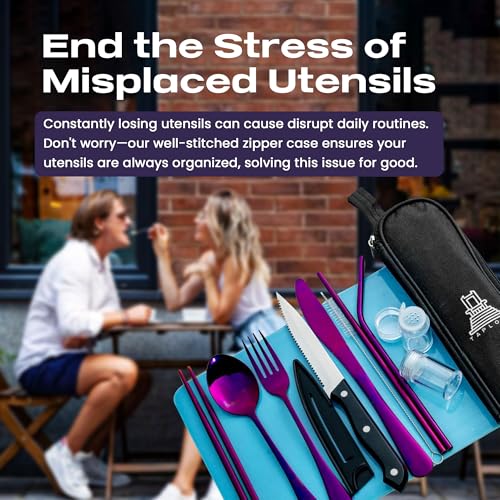 Taplord Portable Travel Silverware Set With Case, Includes 10 Pcs of Travel Utensils With Case, Stainless Steel Flatware Set For Camping, Lightweight (Purple) - color: Purple, size: 10 Pieces