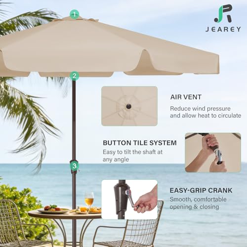 JEAREY 9 FT Patio Umbrella Outdoor, Table Umbrellas Market Umbrella w/Push Button Tilt/Crank, 8 Sturdy Ribs(Beige) - color: Beige