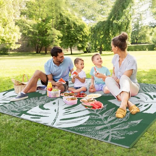 Waterproof Outdoor Patio Rug 9x18 ft, Reversible Plastic Straw Area Rug, Camping Rug Carpet, Portable Outdoor Area Rug, for RV, Camper, Deck, Balcony, Porch, Beach, Picnic - Green/White - color: Green & White, size: 18' x 9' (Rectangular)
