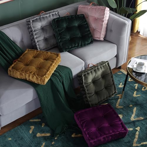 vctops Square Solid Color Velvet Seat Cushion with Handle Tufted Thicken Chair Pad Tatami Floor Pillow Cushion 16.5"x16.5"x4" Green - color: Green