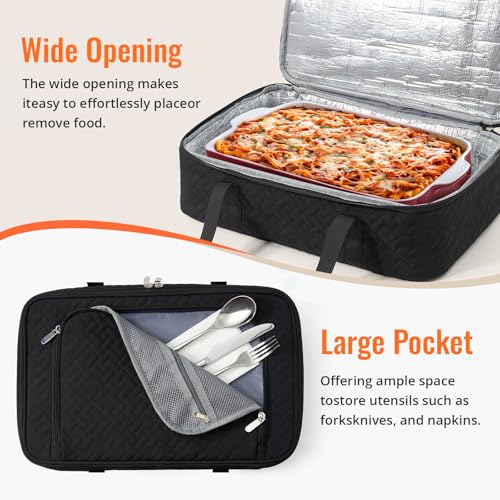 Insulated Casserole Carrier - Portable Casserole Carrier for Hot or Cold Food, Lasagna Holder for Parties,Picnic,Cookouts,Traveling - Fits 9" x 13" Baking Dish (Black) - color: Black