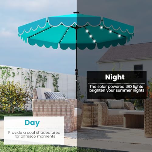 Tangkula 9 FT Solar Patio Umbrella, 2-Tiers Scalloped Outdoor Table Market Umbrella with 32 LED Lights, Vented Top, Tilt Adjustment, Crank, 8 Ribs for Backyard Poolside Deck Beach Lawn (Turquoise) - color: Turquoise, size: 9Ft