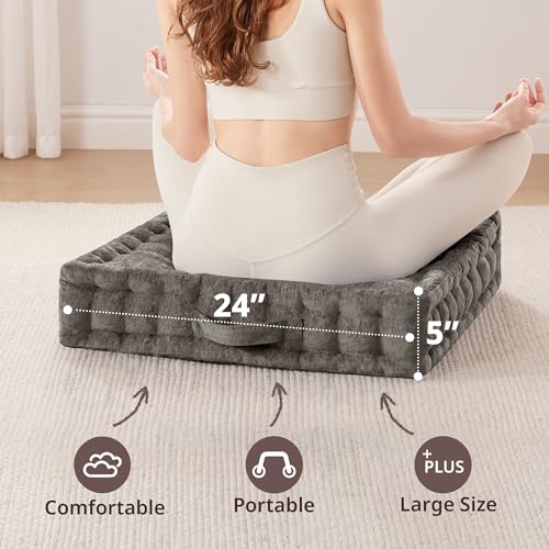 Intelligent Design Large Floor Pillow for Adults Yoga or Meditation Cushion with Handle, Floor Cushion for Board Games, Lustrous Chenille Tufted, Handsewn Scalloped Edge, Azza, 24" x 24" x 5" Charcoal - color: Square Charcoal With Handle, size: 24"W x 24"
