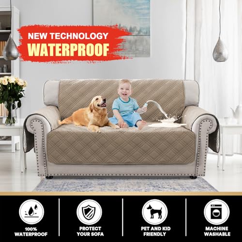 PrinceDeco 100% Waterproof Loveseat Covers for 2 Cushion Couch Sofa Covers Waterproof and Washable Sofa Slipcover with Side Pocket Furniture Protector with Elastic Straps(Loveseat 48", Taupe) - color: Taupe, size: Loveseat
