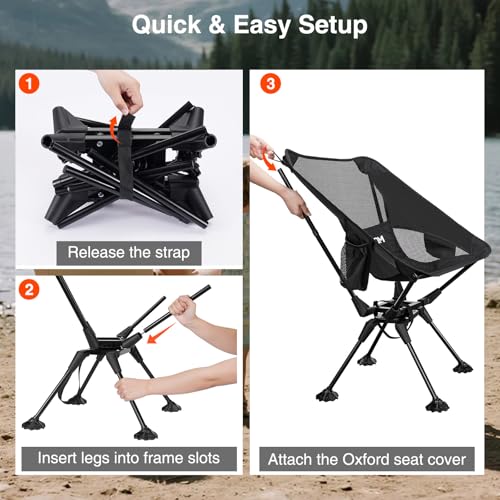 Trakiom 360° Swivel Folding Camping Chairs, Compact and Portable Chair for Outdoor Camp, Foldable Chairs with Anti-Sinking Large Feet for Travel, Beach, Picnic, Sports, Fishing Support 300 LBS(Black)