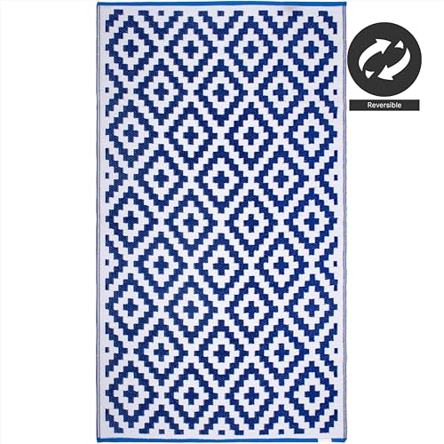 FH Home Outdoor Rug - Waterproof, Fade Resistant, Reversible - Premium Recycled Plastic - Geometric - Porch, Deck, Balcony, Mudroom, Laundry Room, Patio - Aztec - Blue & White Crease Free - 3 x 5 ft - color: Aztec - Blue & White, size: 3' x 5' (Rectangula