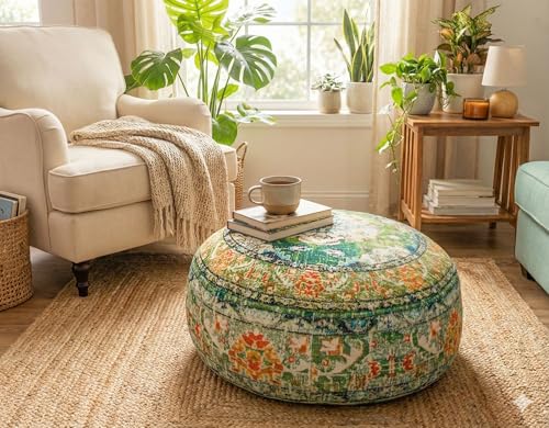 Indian Yoga Décor Pouf Cover Green Round Green Floor Pillow Case Room Décor Moroccan Décorative Cushion Perfect for Living Room, Bedroom, Nursary or Children Room Cotton 24x8 Unstuffed - color: Green