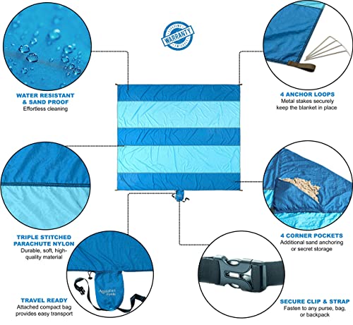 Extra Large Beach Blanket Waterproof Sandproof – XXL Oversized Beach Mat 10ft x 9ft Fits up to 8 Adults - Quick Dry Travel Blanket with 4 Stakes, Corner Pockets, Strap and Attached Bag - color: Riptide