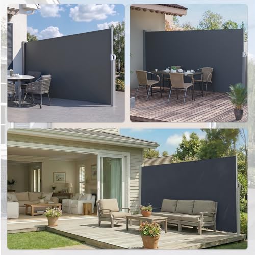 U-MAX Retractable Side Awning, 138"x 71" Outdoor Side Awning, Waterproof Folding Privacy Screen, 180g Premium Polyester Fabric Room Divider for Patio, Garden and Terrace, Dark Grey - color: Dark Grey, size: 138"x 71"