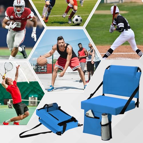 2pcs Stadium Seat for Bleachers with Back Support，Portable Bleacher Chairs with Back and Cushion，Includes Shoulder Strap and Cup Holder - color: Blue,2 Pack