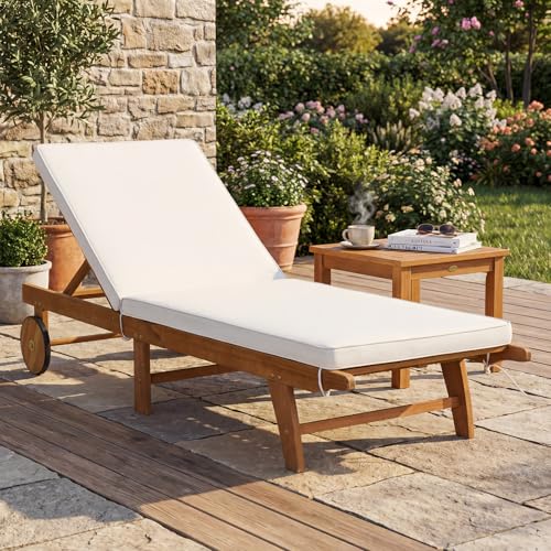 Tangkula Folding Lounge Chair Outdoor, Patio Eucalyptus Wood Chaise Lounge with 5-Level Adjustable Backrest & Cushions, Portable Beach Pool Sunbathing Recliner with Wheels for Outside (1,Off White)