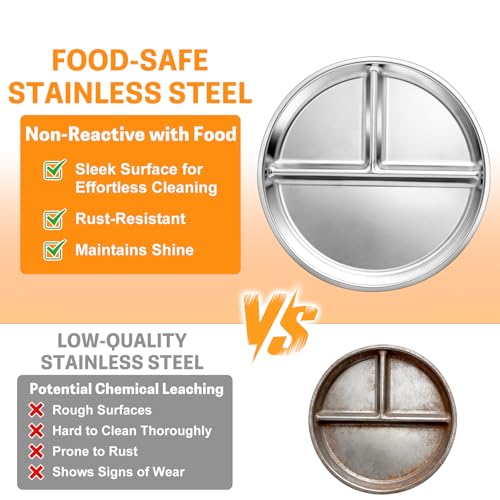 hunnycook Stainless Steel Plates - 4-Pack 9-Inch Unbreakable Stainless Steel Plate Set with 3 Partitions, Safe & Rust-Resistant Balanced Meals Plates for Dinner, Outdoors
