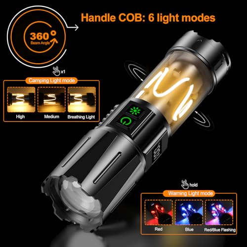 Super Bright Flashlight High Lumens 100000 Rechargeable, Powerful 50W LED, Long Lasting 30H, Daul Bottons 10Modes with Side Light, Quick USB C Charge & Output, Multi-functional for Home Camping Hiking