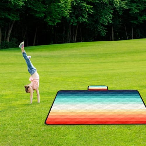 Waterproof Picnic Blankets,79''x79'' Extra Large Foldable Sandproof Beach Blanket,Portable 3-Layer Polyester Outdoor Picnic Blanket for Grass Lawn,Beach,Family Camping,Park,Travel-Rainbow Stripe - color: Rainbow Stripe