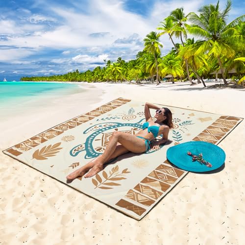 WIWIGO Beach Blanket Waterproof Sandproof Beach Mat 79" X 83"/10'x9'for 2-8 Adults Quick Drying Outdoor Picnic Mat Beach Accessories for Travel, Camping, Hiking - color: Beige Sea Turtle - Geometric, size: 79" X 83"（1-4person）
