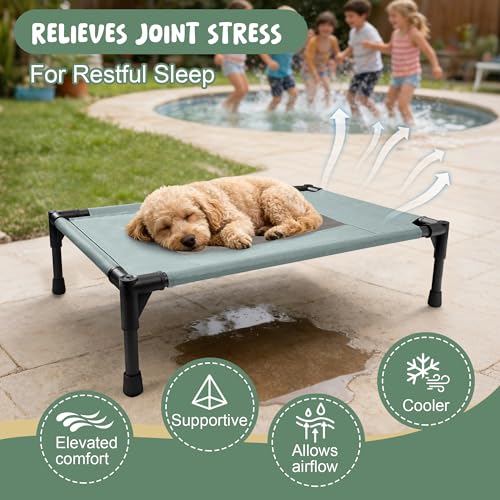 Elevated Dog Bed for Large Dogs - Outdoor Cooling Cot with Washable Breathable Mesh, Portable Raised Pet Bed with Non-Slip Feet & Waterproof Teslin, Heavy Duty & Chew Proof for Camping (Grey, Small) - color: Grey, size: Small 26"l X 17"w X 7"h