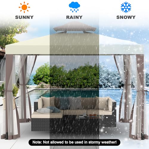 Gazebo, 10'x10' Patio Gazebo Outdoor Waterproof Canopy Tent UV-Resistant 2-Tier Top Sturdy Canopy Shelter Tent for Camping with Removable Netting for Garden Patio Backyard (Beige & White, 10' x 10') - color: Beige & White