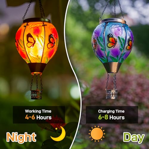 Butterfly Flower Solar Hot Air Balloon Lantern with Flame, Glass Balloon Lantern Outdoor Waterproof Lights, Hanging Solar Lights for Outside Garden Patio Porch Tree Yard Gift for Mom - color: Yellow Butterfly