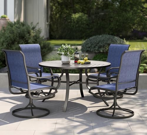 PHI VILLA 5 Piece Patio Dining Set with 4 Outdoor Swivel Dining Chairs & 1 Large Round Dining Table, All Weather Blue Textilene Mesh Fabric Chair and Round Metal Table for Deck Lawn Garden - color: Blue Fabric, size: 42" Dia x 28"H-5 Piece-Metal