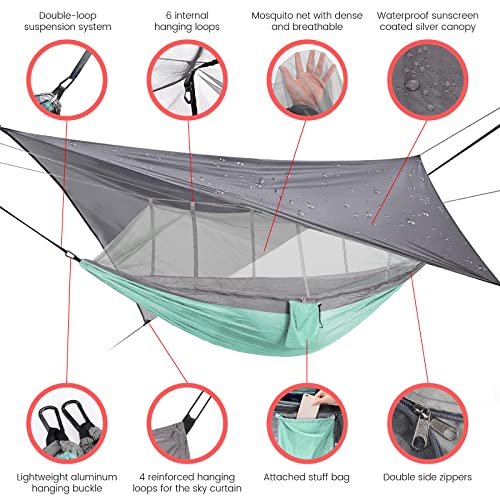 Camping Hammock with Mosquito Net & Rain Fly Tent Tarp & Tree Straps Portable Strong Nylon Hammock Parachute Tent w/Storage Bag for Camping Hiking Backyard Outdoor Backpacking Travel - color: Mint Green