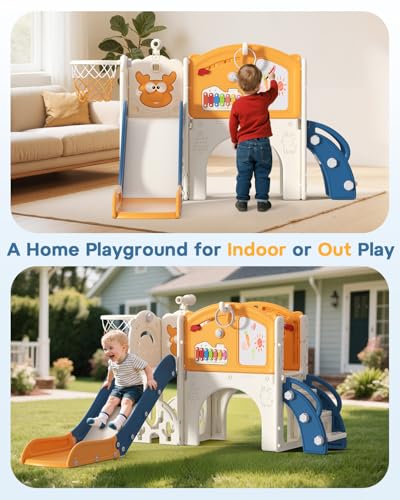 BIERUM Toddler Slide Set, 13 in 1 Kids Indoor Slide for Toddler 1-3, Indoor Outdoor Toddler Slide Playset with Basketball Hoop, Golf Game & Drawing Board, Baby Indoor Slide Playground, Blue&Yellow
