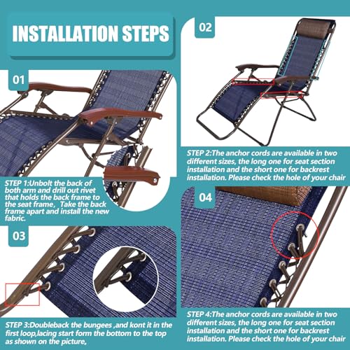 Queekay 2 Pcs Gravity Chair Replacement Fabric with 8 Bungee Cord Lounge Chair Cloth Mesh Patio Chair Repair Kit for Patio Recliner Outdoor Lawn Pool Beach Sling Chair(Blue, 63" x 17") - color: Blue, size: 63" X 17"