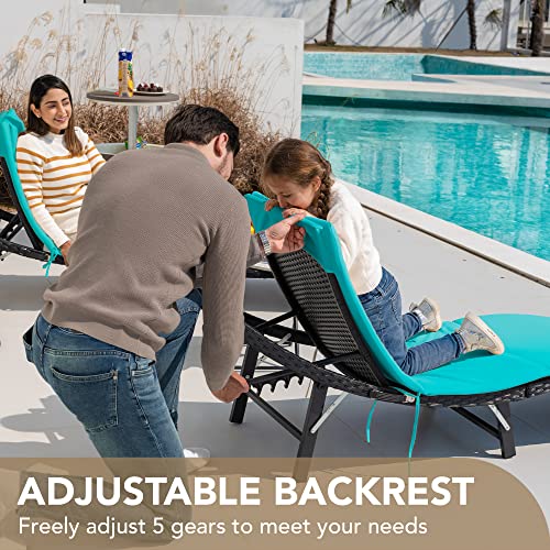Devoko Patio Chaise Lounge Sets Outdoor Rattan Adjustable Back 3 Pieces Cushioned Patio Folding Chaise Lounge with Folding Table (Blue) - color: Blue