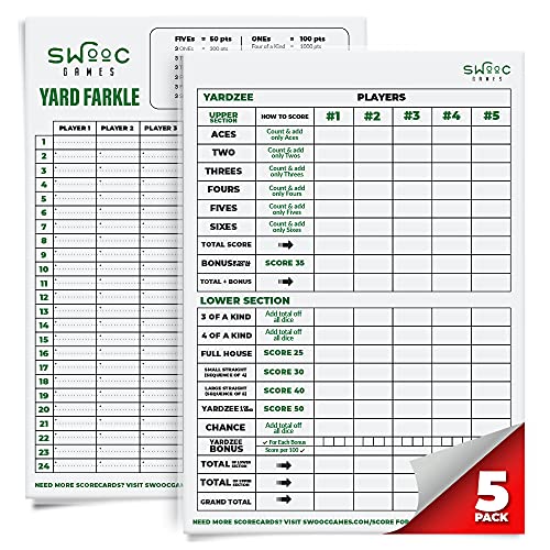 SWOOC Games® - 5 Big Premium Laminated Yardzee & Farkle Score Cards (11.5in x 8in) with Rules - Large Reusable Dry Erase Pads for Giant Outdoor Dice - style: Score Cards Only (5 Pack)