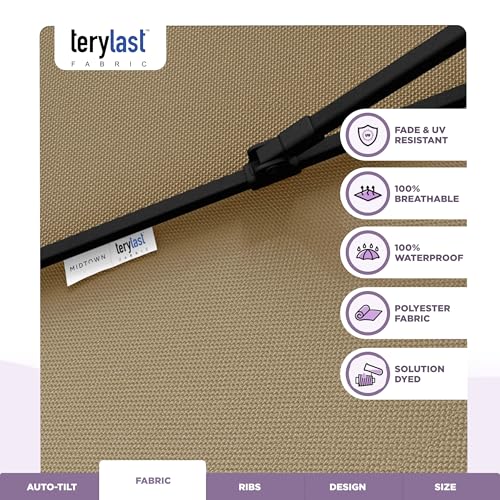 Midtown Umbrellas - 10-Year-No-Fade 8 Ft Patio Umbrella with Terylast Fabric, Auto-Tilt Aluminum Frame and 8 Reinforced Ribs for Deck, Pool, Garden & Beach - Chestnut Beige Canopy, Black Pole - color: Terylast Fabric - Chestnut, size: 8 Foot