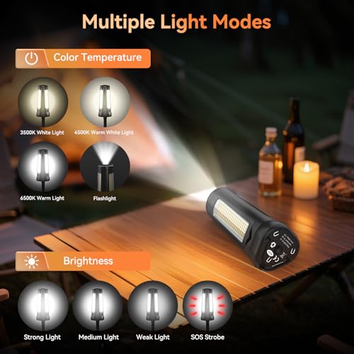 Rechargeable Camping Light with Stand 7 ft Max Height, 15000mAh Portable Cordless LED Work Light, 5500 Lumen 6500/4500/3500K Dimmable Emergency Flashlight with Detachable Tripod, Black - color: Black