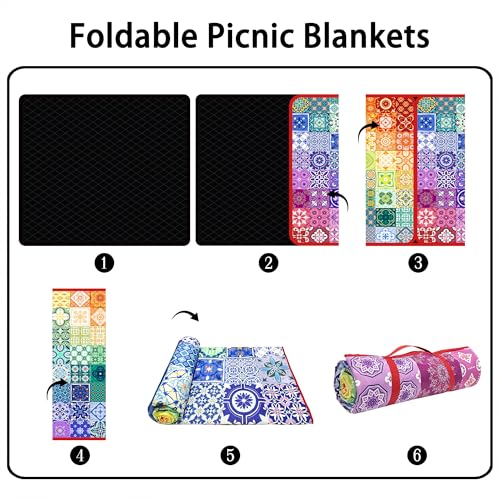 Supfitness Extra Large Picnic Blankets Waterproof Foldable (80 "x 80") Beach Blanket Waterproof Sandproof,3-Layer Thicking Mat Outdoor Packable Camping Blanket(Bohemian) - color: Multi Color, size: 80x80in